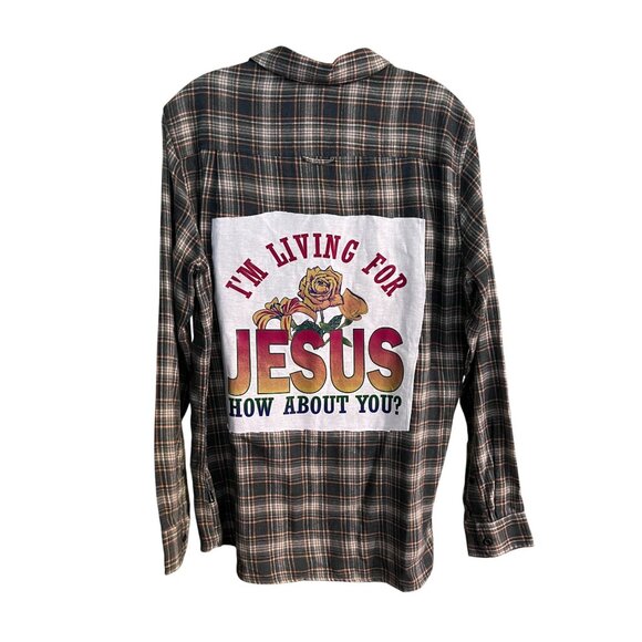Hurley Green Plaid Flannel Shirt "Im Living For Jesus How About You?" Size M - Picture 2 of 5